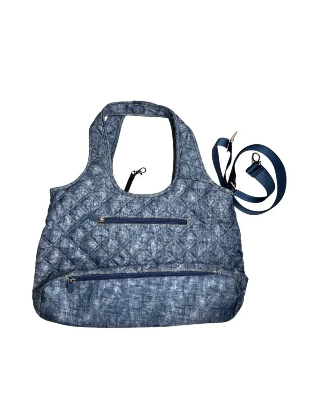 IHKWIP Quilted Everyday Shopper Tote Crossbody Strap Nylon Denim Blue Travel